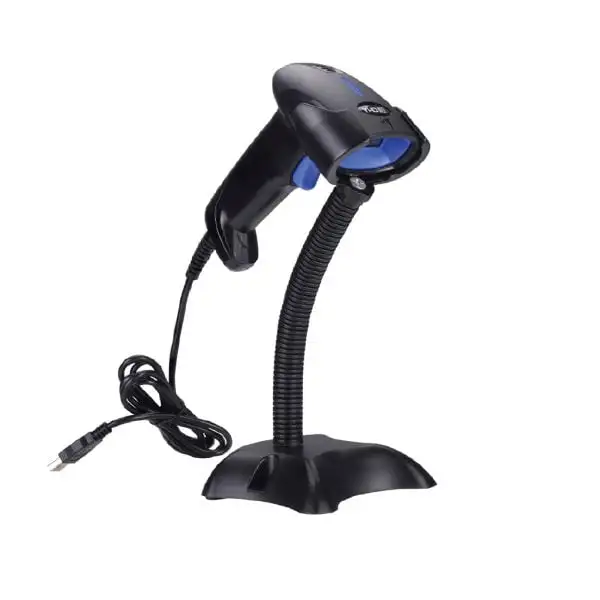 MP2100-Barcode-Scanner1 Black barcode scanner with blue accents positioned on flexible desktop stand with coiled cable