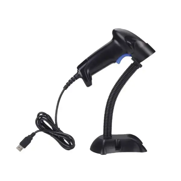 MP2100-Barcode-Scanner2 Side view of black barcode scanner on flexible stand showing blue trigger and coiled cable