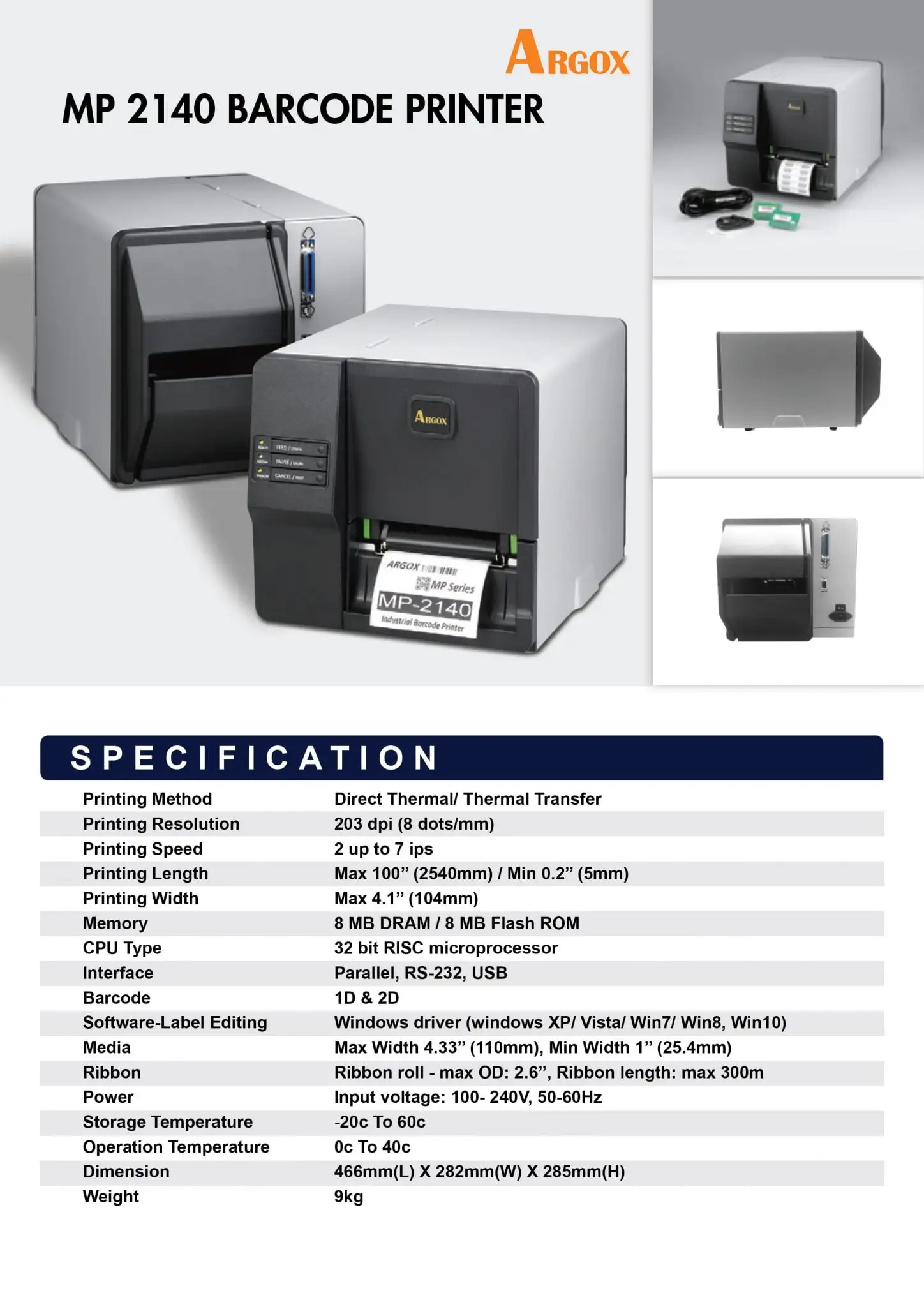 Argox MP2140 barcode printer with specifications showing 203 DPI resolution and thermal transfer technology
