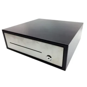 Black and white professional cash drawer with secure lock mechanism and dual-tone finish for retail environments.