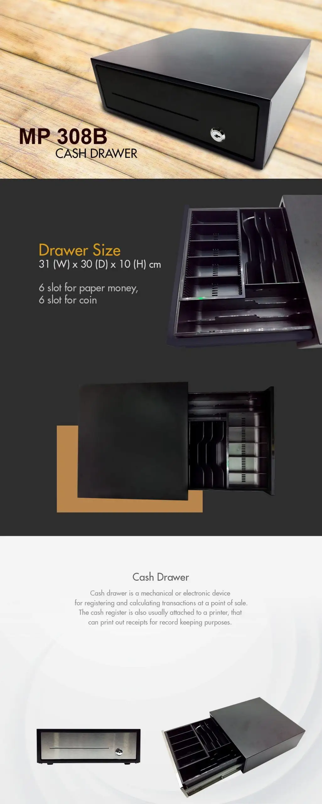 MP 308B cash drawer with specifications showing 31cm dimensions and organized compartment system for retail use