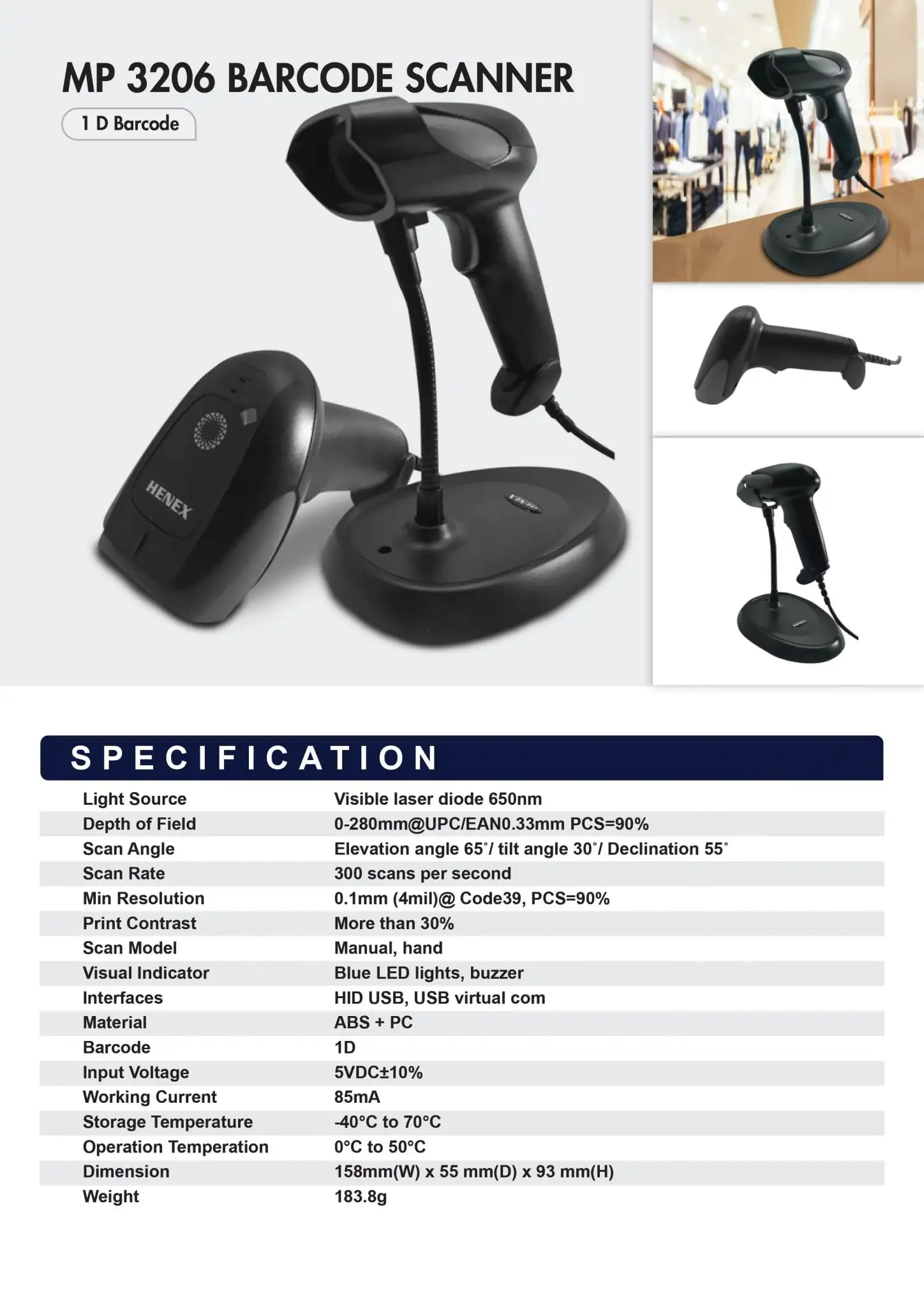 MP 3206 barcode scanner specifications showing 1D capability with complete technical documentation