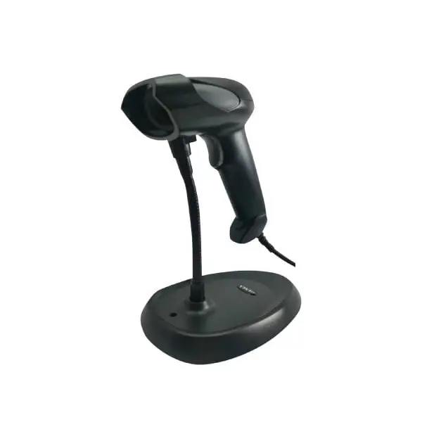 MP3206-Barcode-Scanner Black handheld barcode scanner positioned on circular desktop stand with flexible positioning