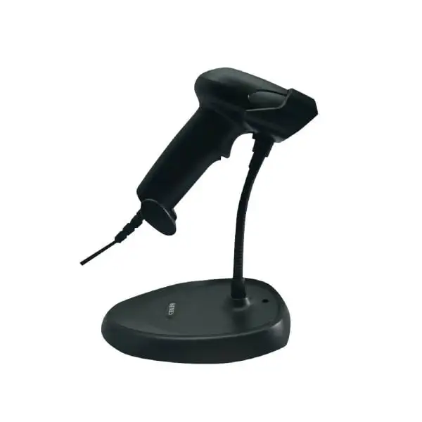 MP3206-Barcode-Scanner2 Black handheld barcode scanner mounted on circular desktop stand with flexible positioning arm