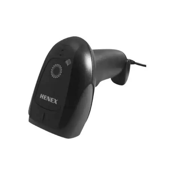 MP3206-Barcode-Scanner3 Side profile of black HENEX barcode scanner showing ergonomic pistol grip and scanning head