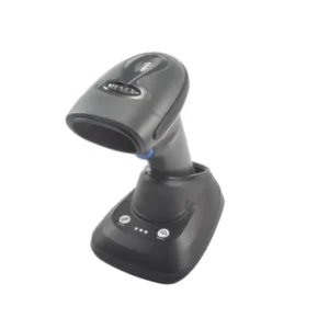 Gray HENEX branded wireless barcode scanner with blue accent positioned in charging cradle