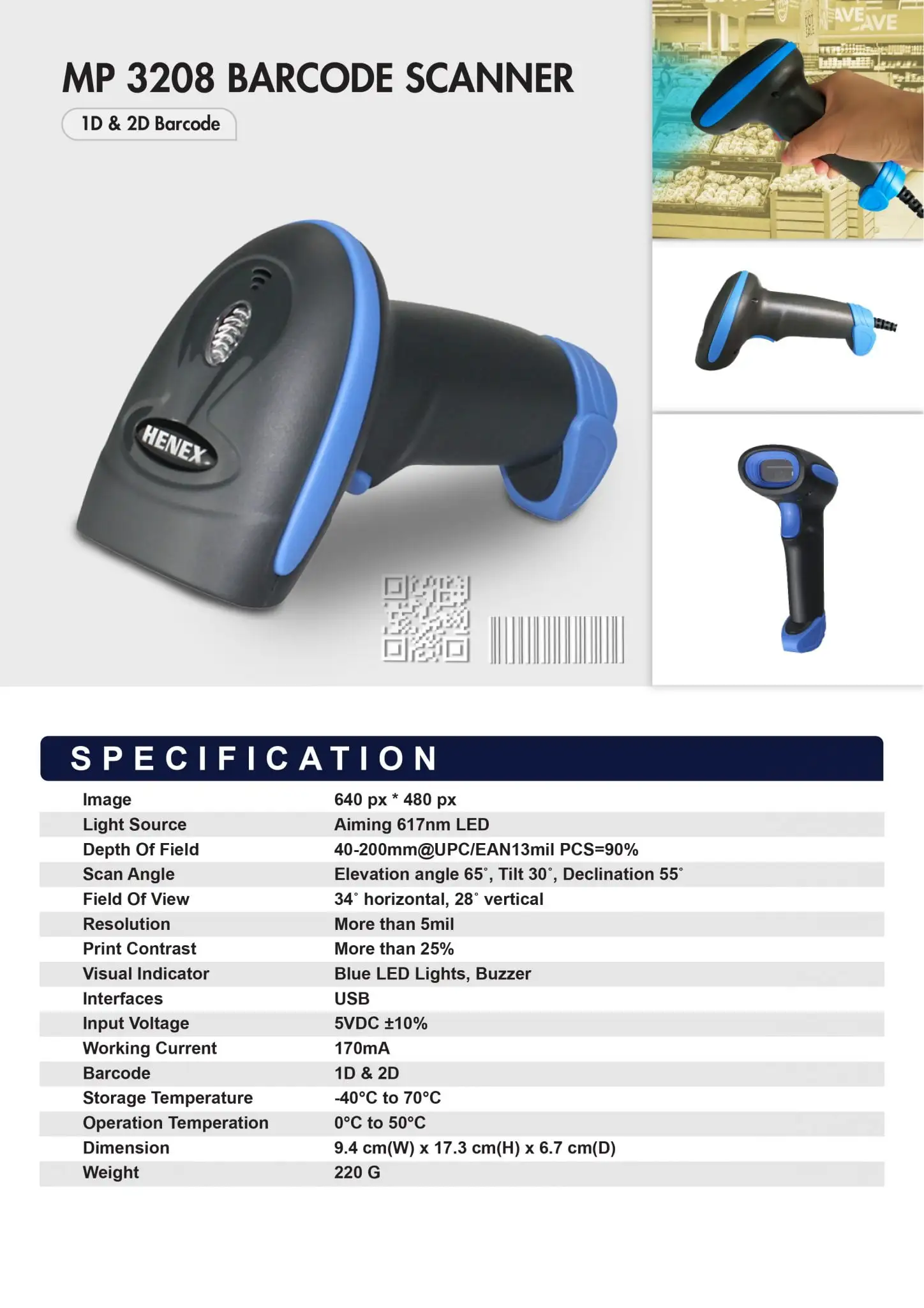 MP 3208 barcode scanner specifications showing 1D 2D capabilities with HENEX branding and features