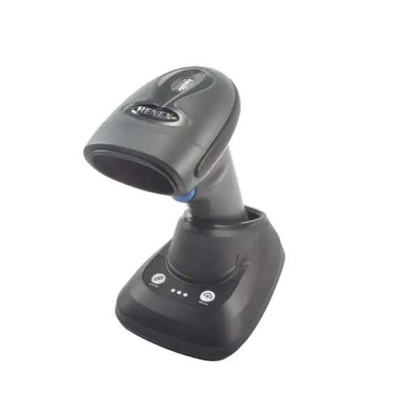 MP3208R-Barcode-Scanner Gray HENEX branded wireless barcode scanner with blue accent positioned in charging cradle