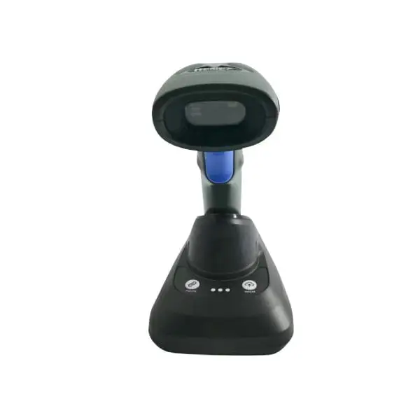 MP3208R-Barcode-Scanner1 Gray cordless barcode scanner with blue trigger accent positioned upright in desktop charging cradle