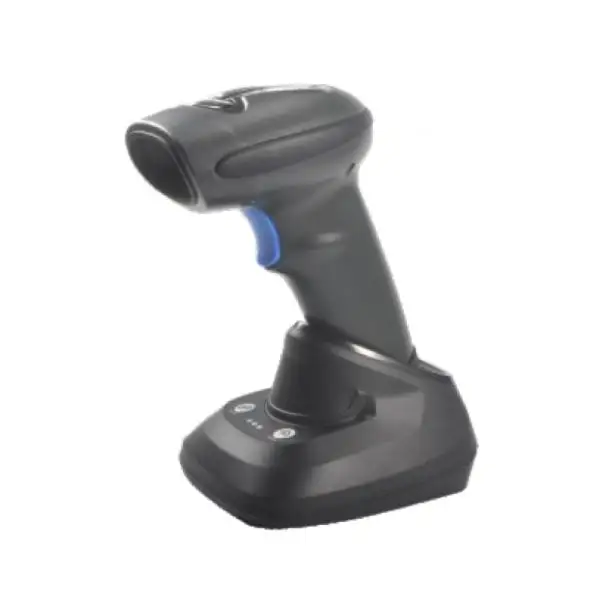 MP3208R-Barcode-Scanner2 Wireless scanning gun with blue accent positioned diagonally in charging cradle with LED indicators