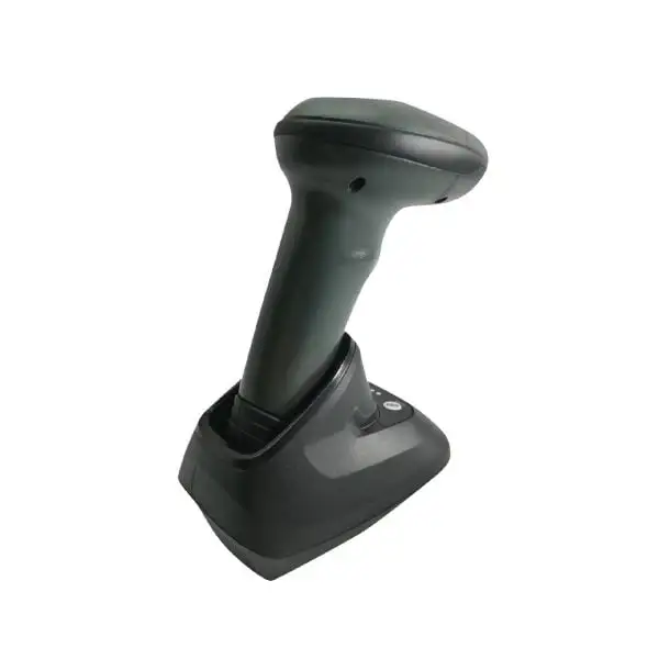 MP3208R-Barcode-Scanner3 Gray handheld barcode scanner docked in black charging cradle showing wireless connectivity