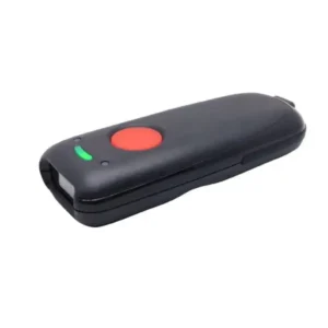 Compact black portable barcode scanner with red button and green LED status indicator light