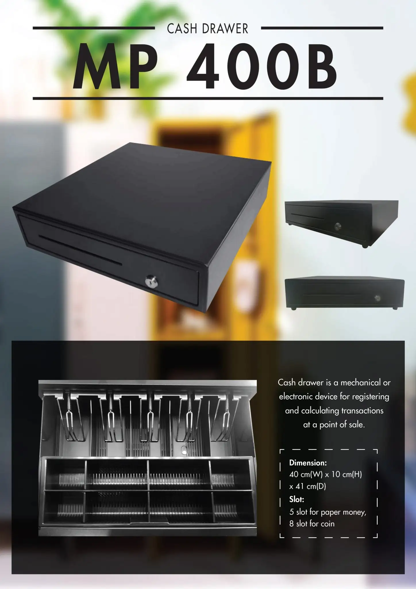 MP 400B cash drawer with comprehensive specifications showing 40cm dimensions and professional compartment organization system