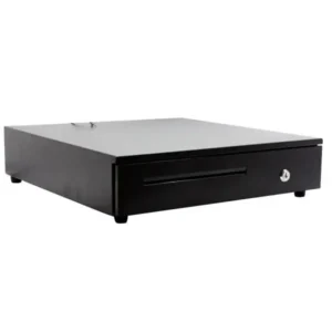Compact POS cash drawer featuring secure locking system and durable black metal construction for businesses