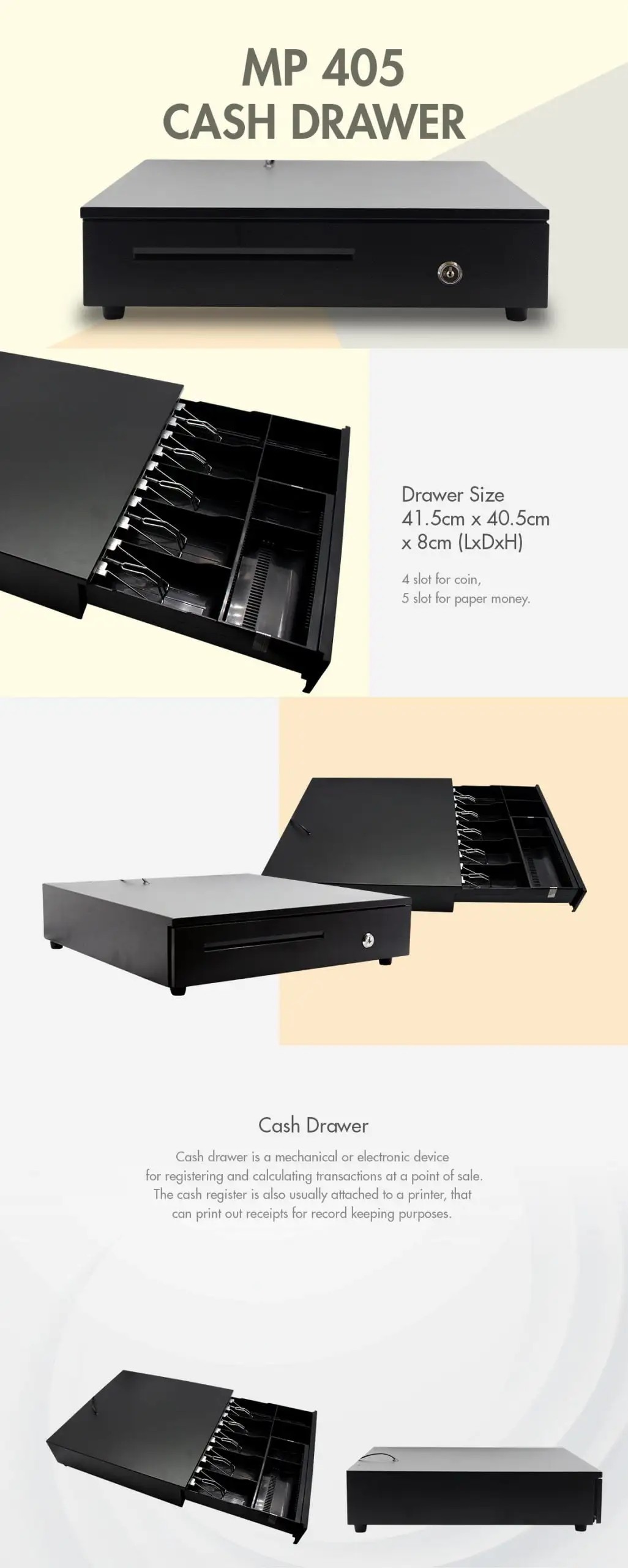 MP 405 cash drawer with comprehensive specifications showing 41.5cm dimensions and organized compartment layout