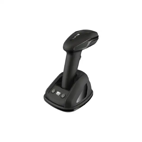 MP4100-Barcode-Scanner Cordless scanning device mounted in charging base showing ergonomic grip and cradle indicators
