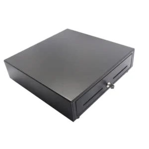 Closed black cash drawer showing sleek professional design with lock mechanism for secure money storage