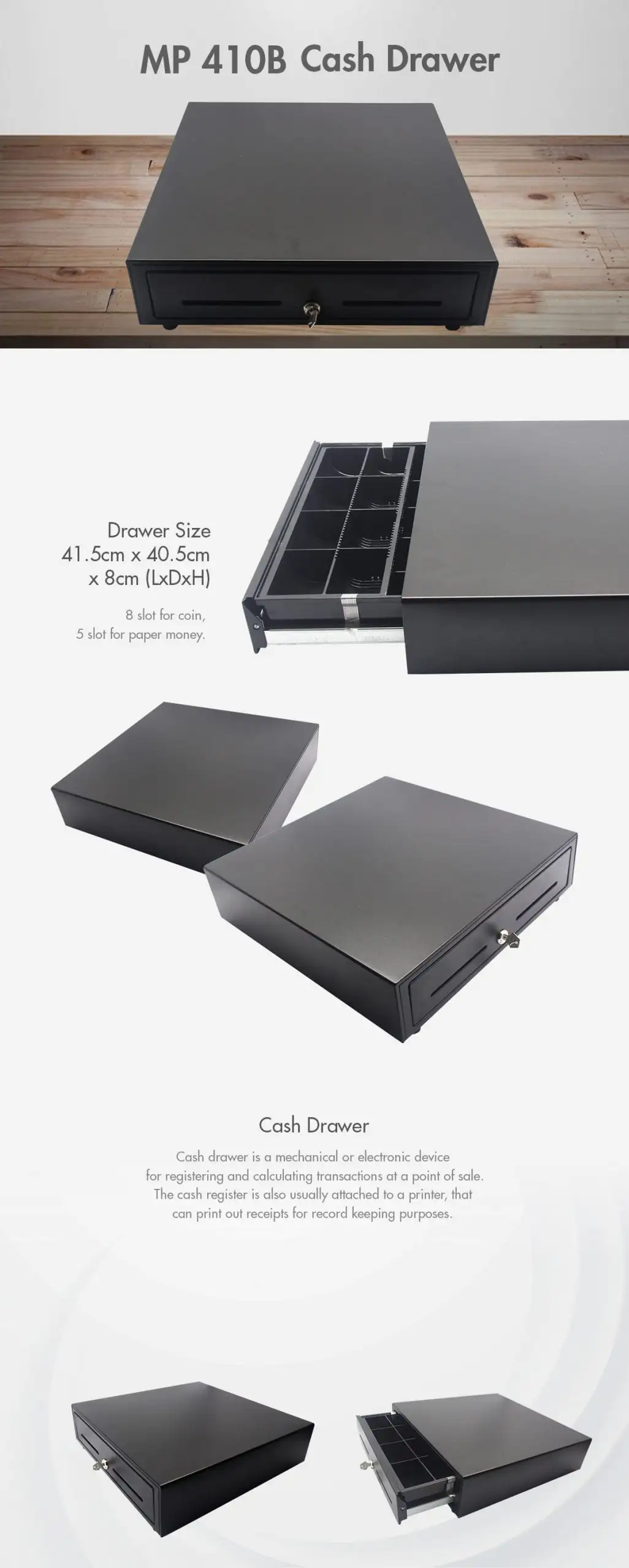 MP 410B cash drawer with specifications showing 41.5cm dimensions and comprehensive money organization features