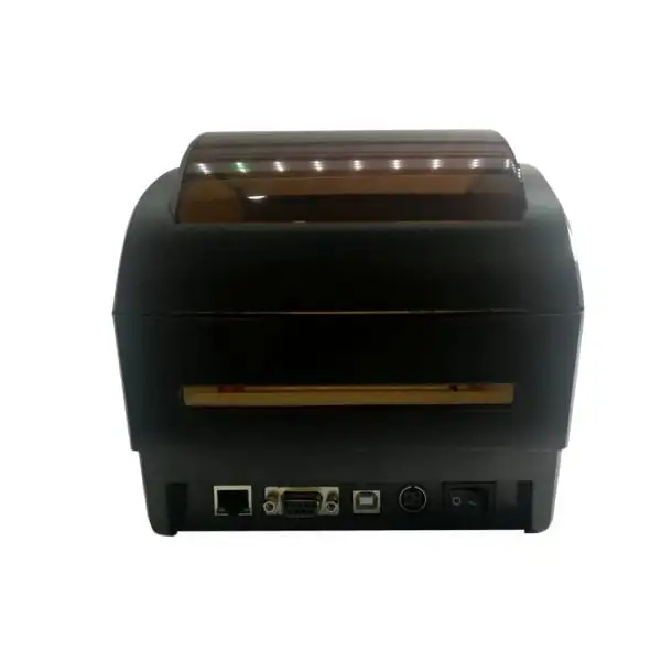 MP410RP-Barcode-Printer3 Back view of thermal label printer displaying ethernet, USB, and serial connection options available