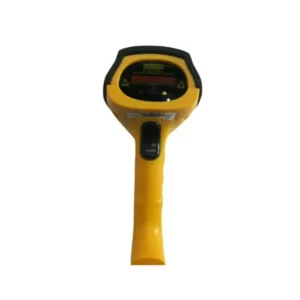 Yellow and black handheld barcode scanner with LCD display and ergonomic pistol grip design