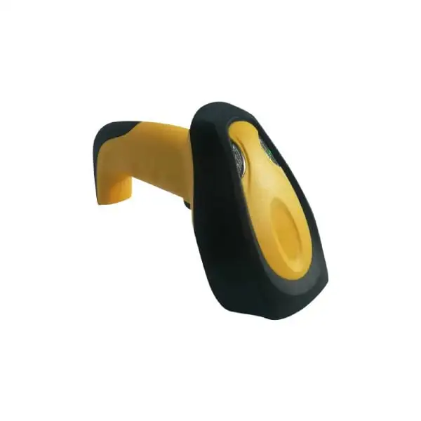 MP4120HP-2D-Barcode-Scanner1 Side view of yellow handheld barcode scanner showing curved ergonomic design and trigger grip