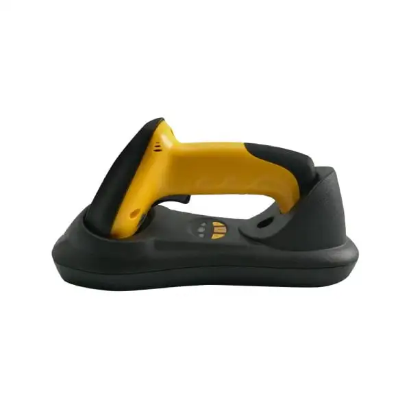 MP4120HP-2D-Barcode-Scanner2 Yellow handheld barcode scanner positioned in black charging cradle with wireless connectivity