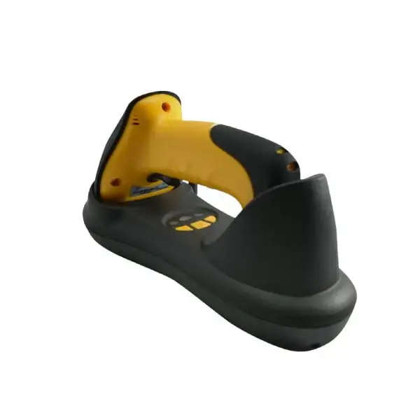 MP4120HP-2D-Barcode-Scanner3 Rear angle of yellow barcode scanner in charging cradle showing wireless connection status