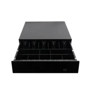 Top view of cash drawer showing dual-level organization with bill compartments and coin slots for efficiency
