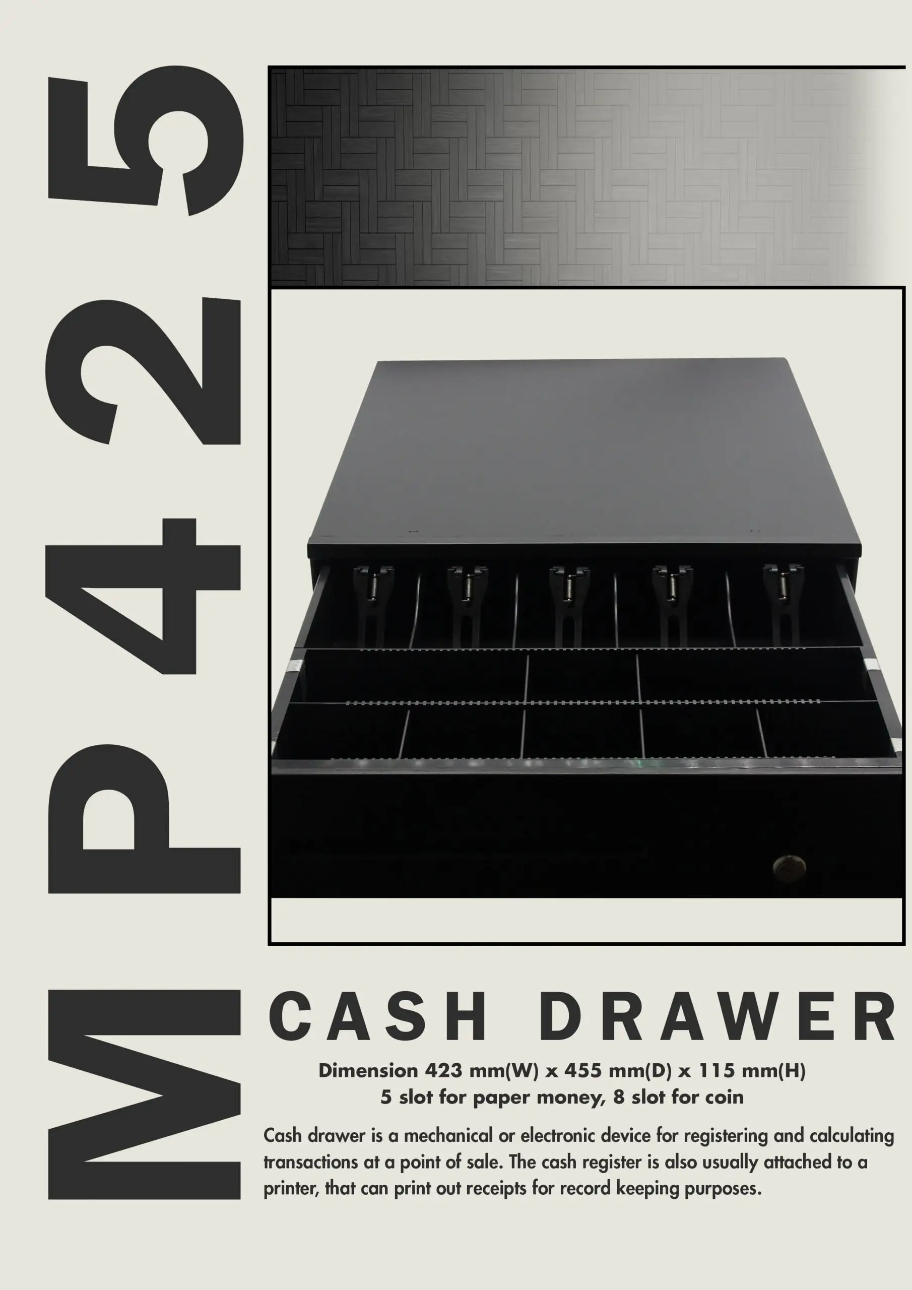MP 425 cash drawer with detailed specifications showing 423mm dimensions and comprehensive compartment organization system