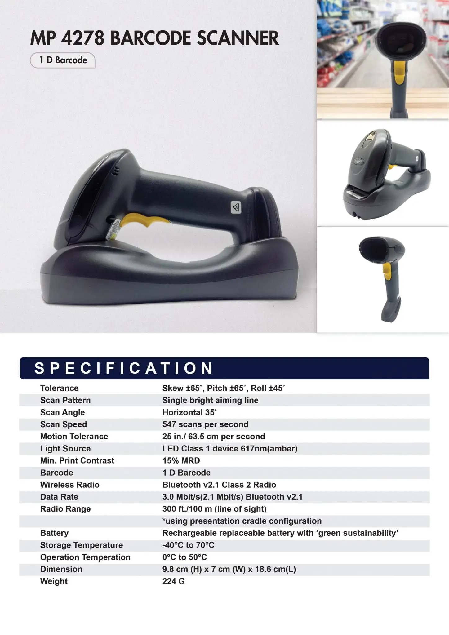 MP 4278 barcode scanner specifications showing 1D capability with Bluetooth wireless technology