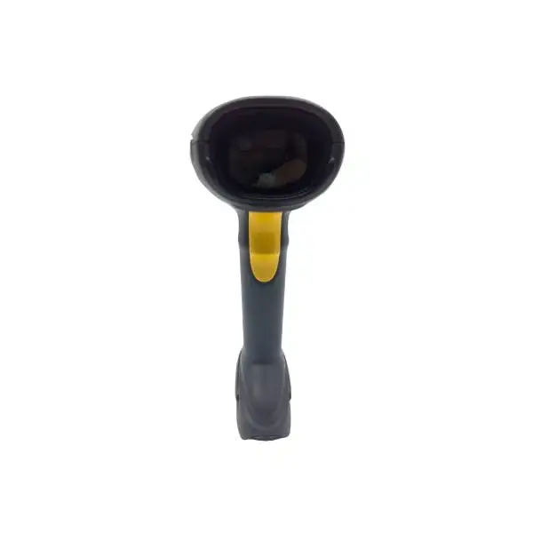 MP4278-Barcode-Scanner2 Front view of handheld barcode scanner with large circular scanning window and yellow trigger
