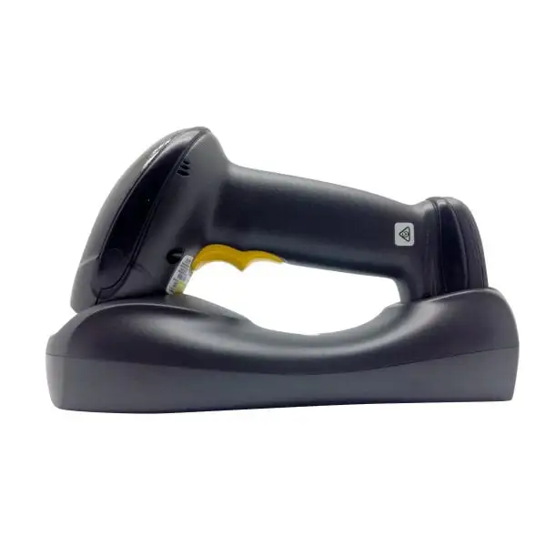 MP4278-Barcode-Scanner3 Cordless scanning device positioned in desktop charging station showing ergonomic grip design