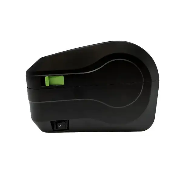 MP4D520-Barcode-Printer1 Side view Zenpert barcode printer displaying green status indicator and curved ergonomic design profile