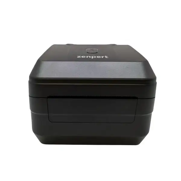 MP4D520-Barcode-Printer3 Overhead angle of professional barcode printer displaying Zenpert branding and sleek black housing