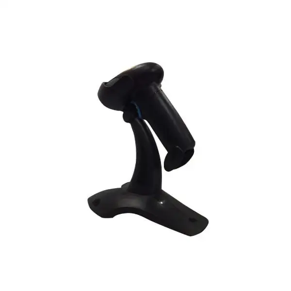 MP5010-Barcode-Scanner2 Black handheld barcode scanner with blue accent trigger mounted on adjustable desktop stand