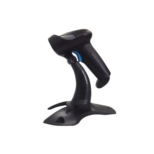 MP5010-Barcode-Scanner3 Ergonomic handheld barcode scanner with blue trigger button positioned on adjustable desktop stand