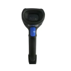 Front view of handheld barcode scanner with large scanning window and blue trigger button visible