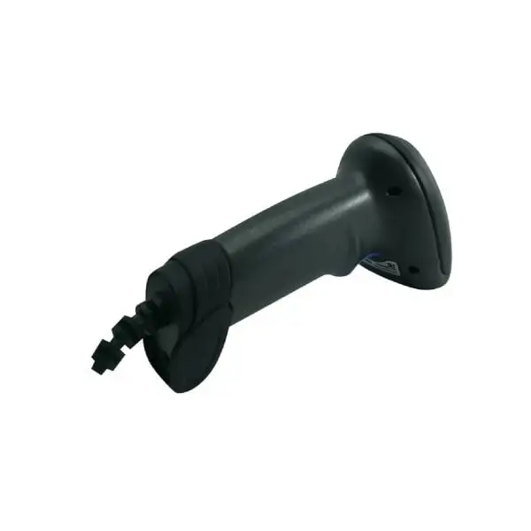 MP5208-Barcode-Scanner1 Side profile of black handheld barcode scanner with coiled cable and ergonomic grip design