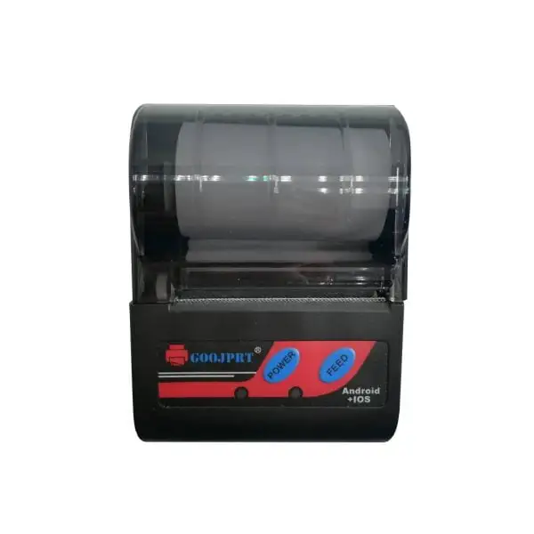 MP58J-bluetooth-Pos-Printer-jpg Closed thermal receipt POS printer showing paper roll through clear protective cover and control panel
