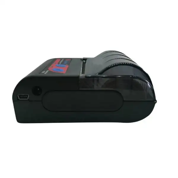 MP58J-bluetooth-Pos-Printer3 Compact thermal POS printer side angle displaying connectivity port and portable design features
