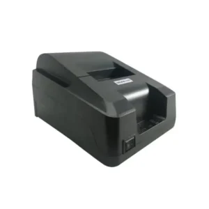 Black desktop thermal receipt POS printer with angular design and front paper exit slot