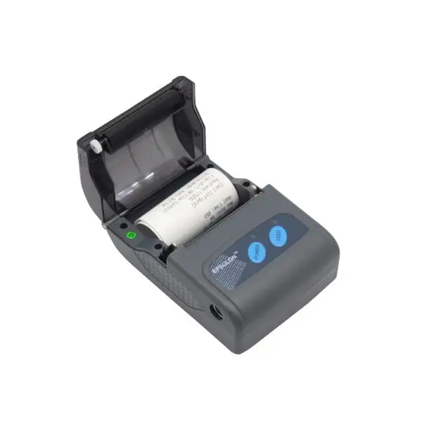MP58V-bluetooth-Pos-Printer4 Open thermal POS printer displaying paper loading mechanism and receipt printing functionality