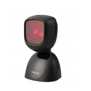 Active desktop barcode scanner displaying red LED scanning light through rectangular viewing window