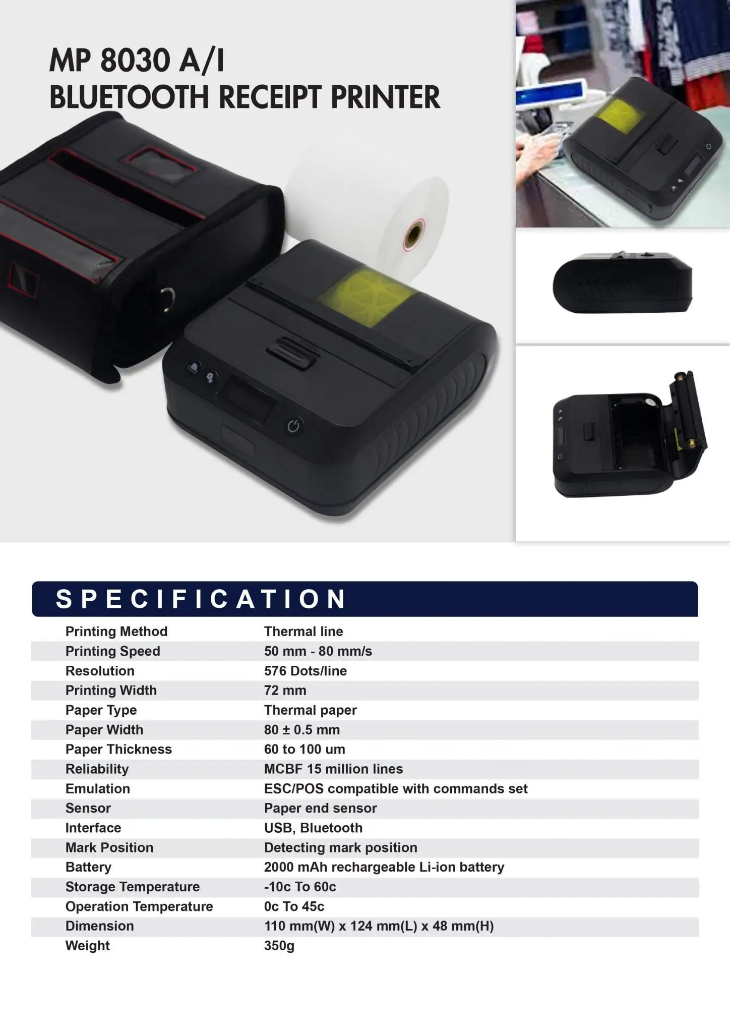 MP 8030 Bluetooth receipt POS printer specifications with thermal printing technology features