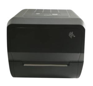 Front view Zebra thermal barcode printer with control panel buttons and professional black housing design