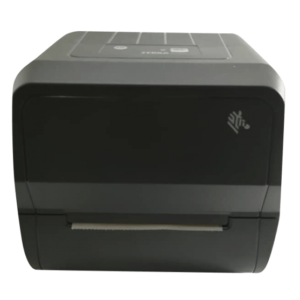 Front view Zebra thermal barcode printer with control panel buttons and professional black housing design