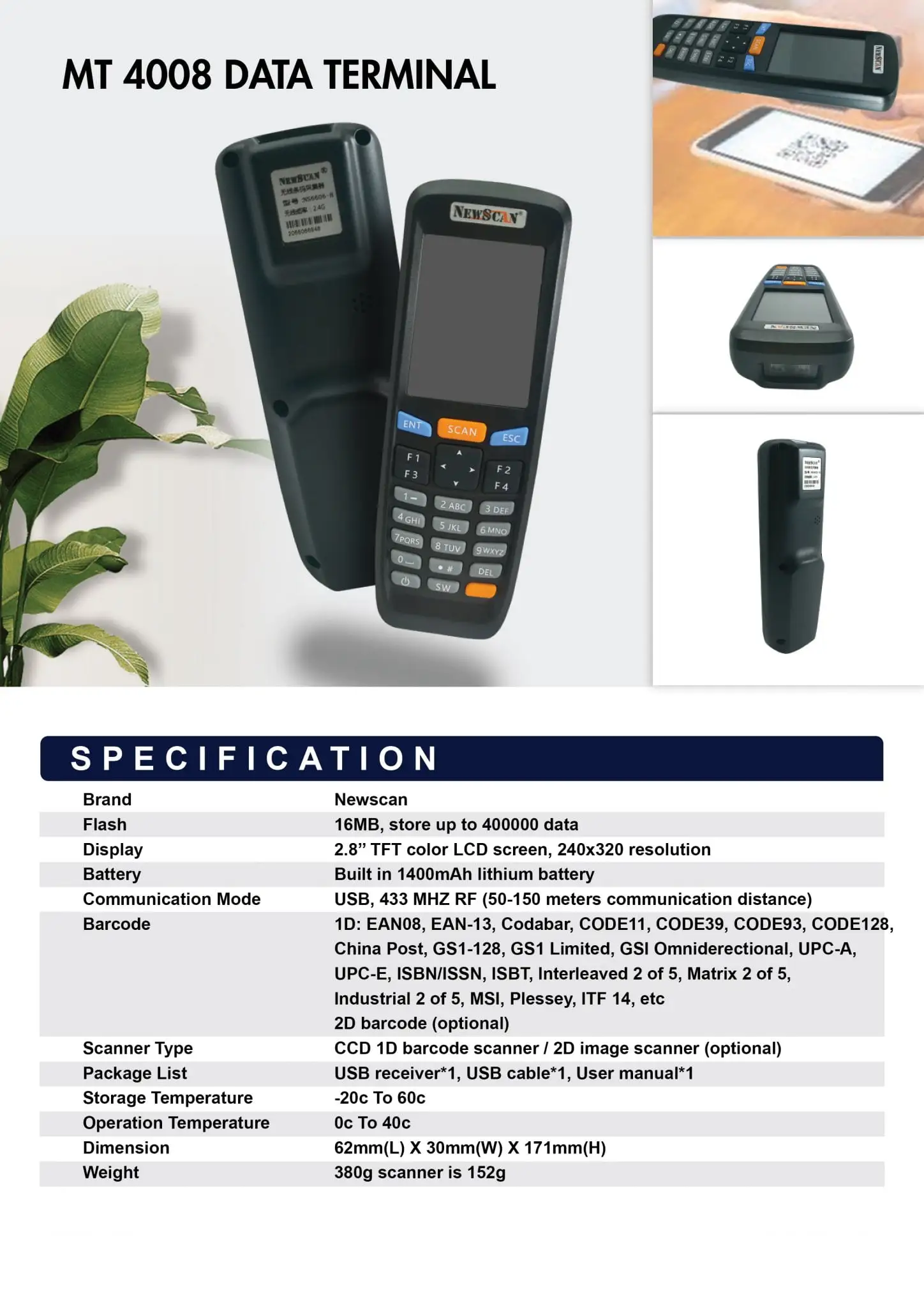 MT 4008 data terminal specifications sheet showing 16MB storage, 2.8-inch LCD, barcode scanning, and RF communication