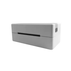 Side profile view of white thermal barcode printer showing USB ports and compact rectangular design