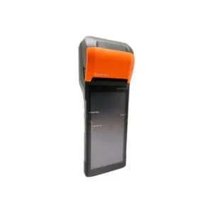 Handheld mobile POS device with orange accent, touchscreen display, and integrated printer for retail transactions