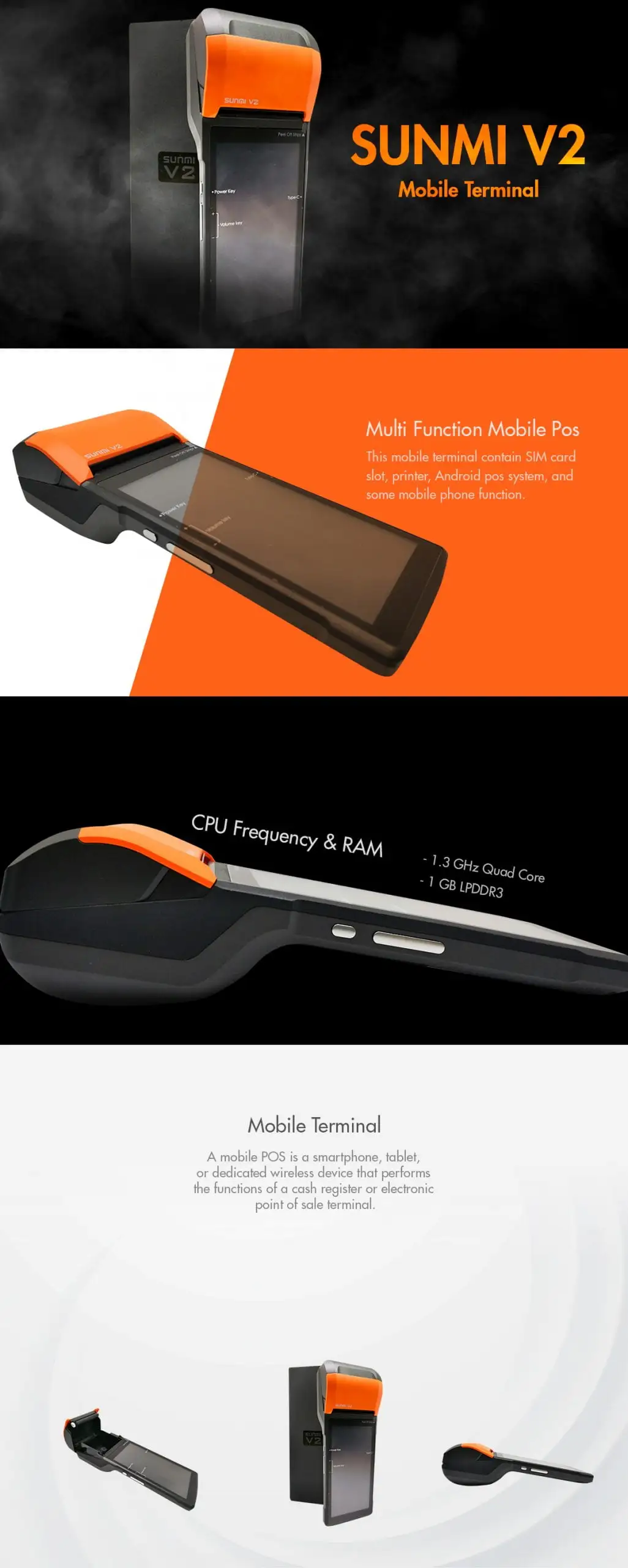 Sunmi V2 mobile POS product showcase highlighting multi-function capabilities with 1.3GHz processor and Android system